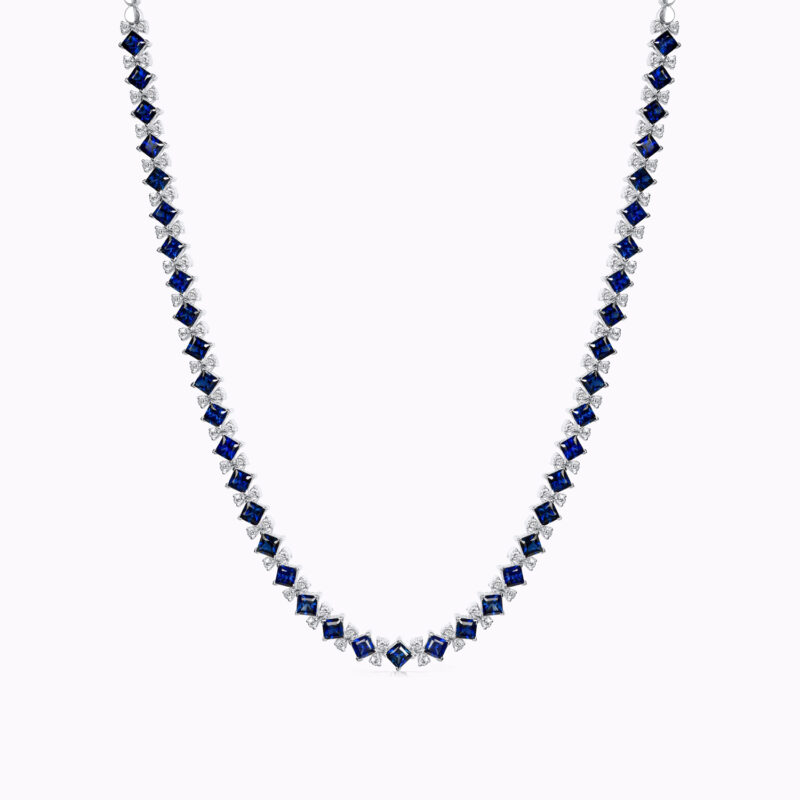 Square Blue Sapphire and Diamond Necklace