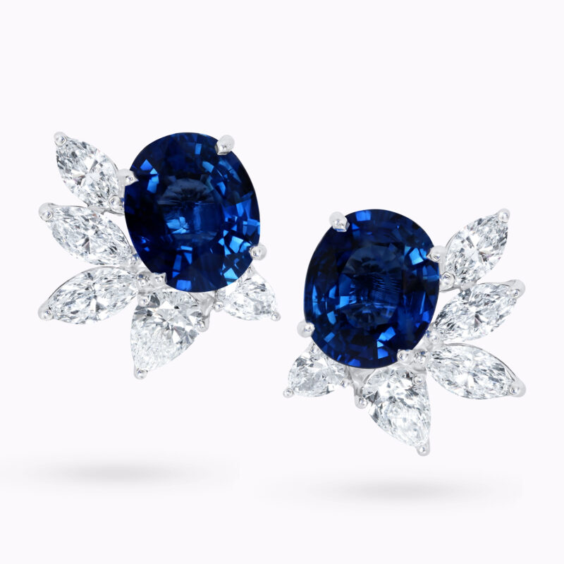 Oval Sapphire and Marquise Diamond Stud Earrings