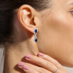 Oval Sapphire & Diamond Halo Drop Earrings - Image 2